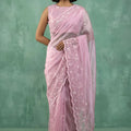 Pink Organza Saree with Floral Embroidered Border Designer Blouse
