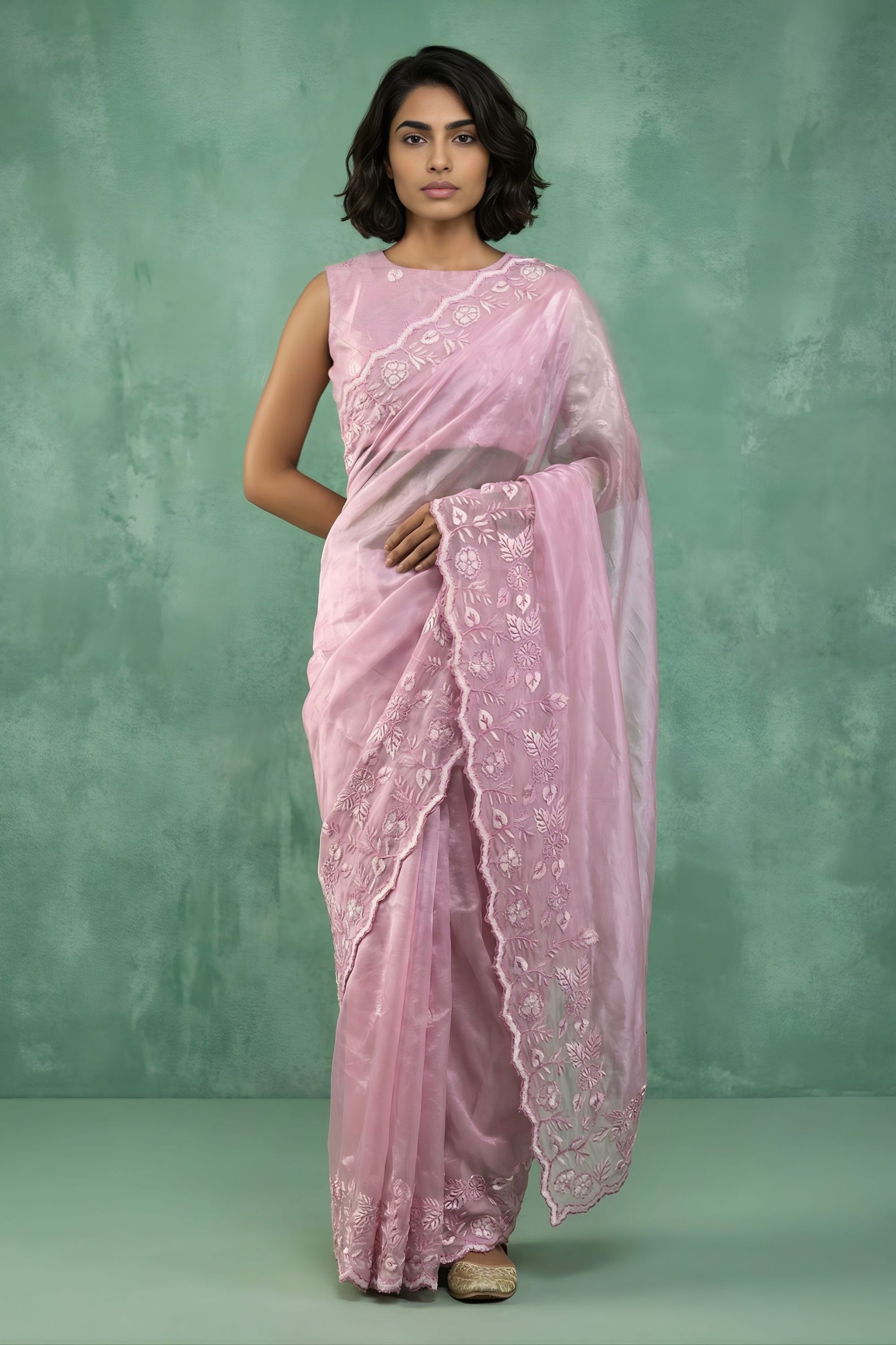 Pink Organza Saree with Floral Embroidered Border Designer Blouse