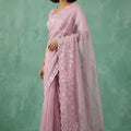 Pink Organza Saree with Floral Embroidered Border Designer Blouse