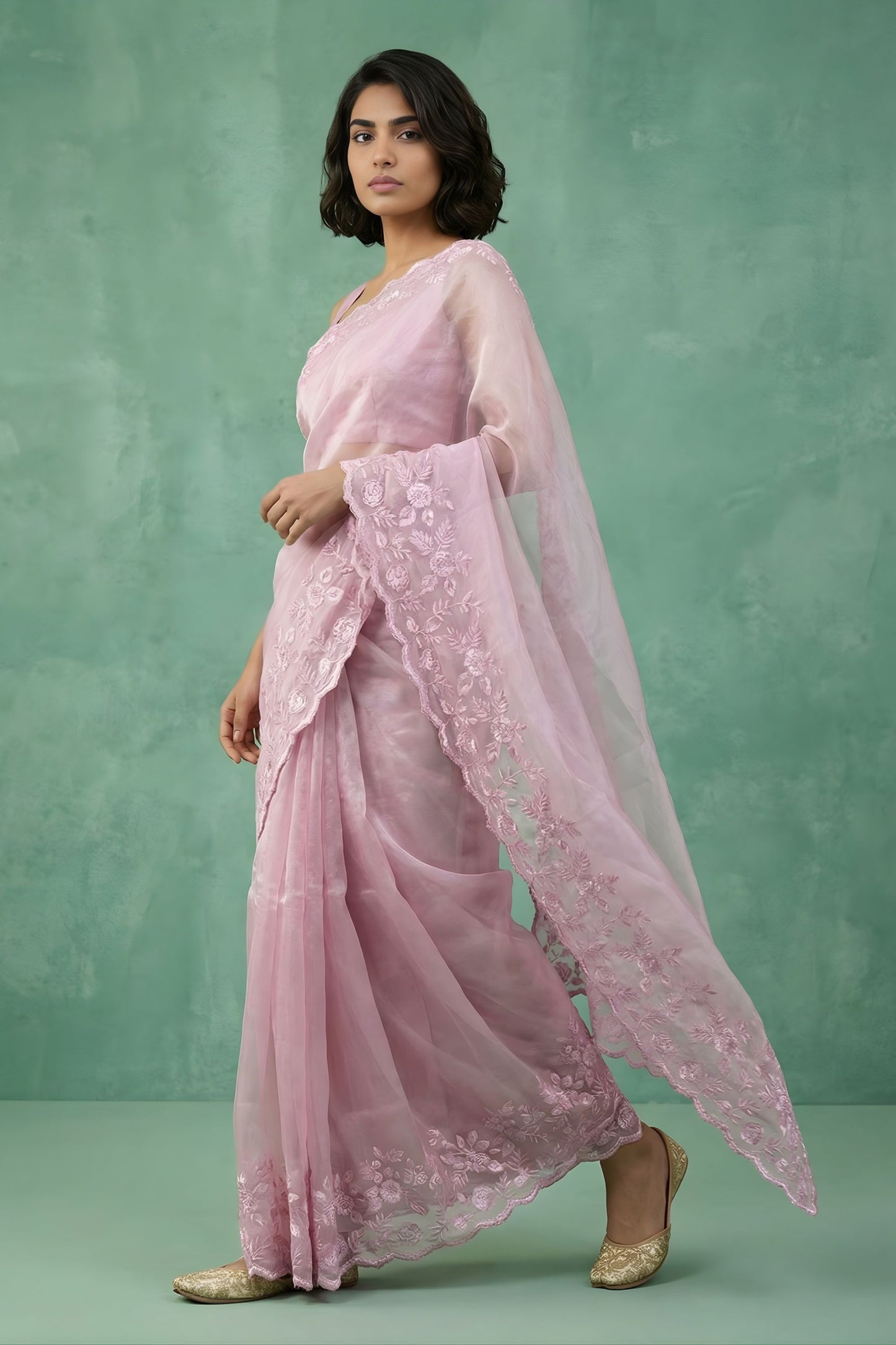 Pink Organza Saree with Floral Embroidered Border Designer Blouse