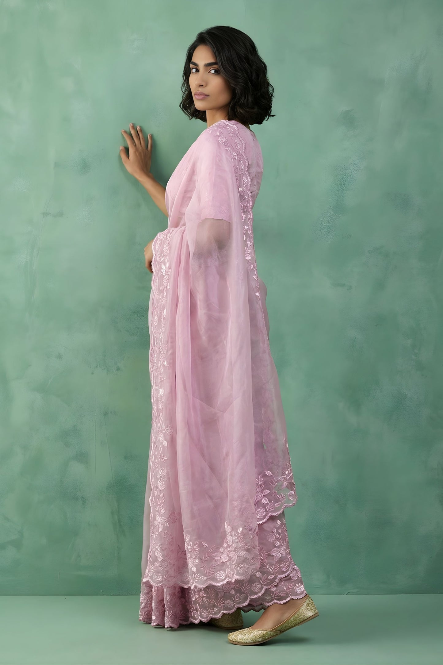 Pink Organza Saree with Floral Embroidered Border Designer Blouse