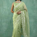 Pista Green Organza Saree White Floral Embroidered Border Designer Blouse