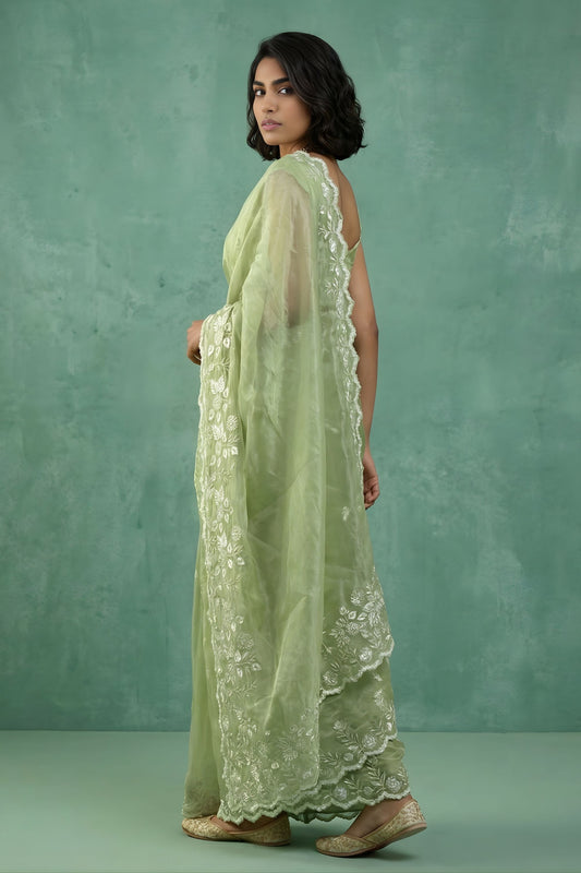 Pista Green Organza Saree White Floral Embroidered Border Designer Blouse