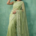 Pista Green Organza Saree White Floral Embroidered Border Designer Blouse