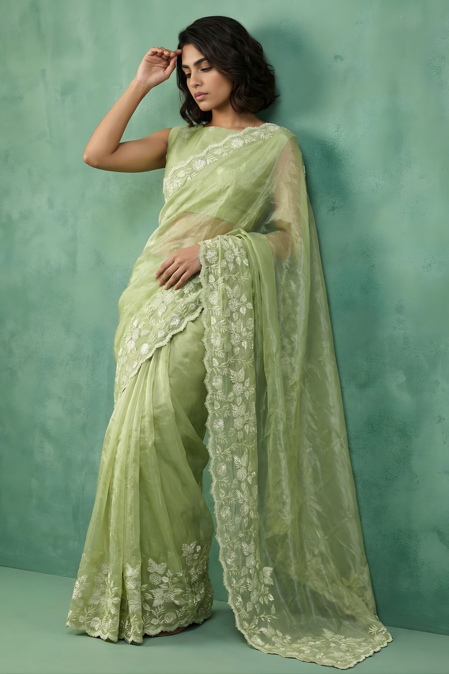 Pista Green Organza Saree White Floral Embroidered Border Designer Blouse