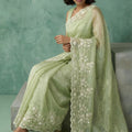 Pista Green Organza Saree White Floral Embroidered Border Designer Blouse