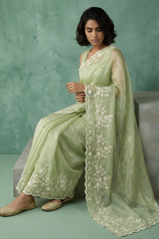 Pista Green Organza Saree White Floral Embroidered Border Designer Blouse
