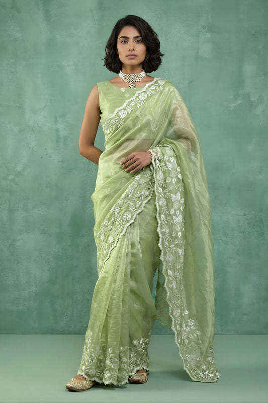Pista Green Organza Saree White Floral Embroidered Border Designer Blouse