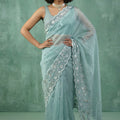 Pastel Blue Organza Saree White Floral Embroidered Border Designer Blouse