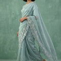 Pastel Blue Organza Saree White Floral Embroidered Border Designer Blouse