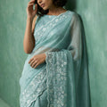 Pastel Blue Organza Saree White Floral Embroidered Border Designer Blouse