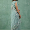 Pastel Blue Organza Saree White Floral Embroidered Border Designer Blouse