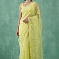 Lemon Yellow Organza Saree White Floral Embroidered Border Designer Blouse