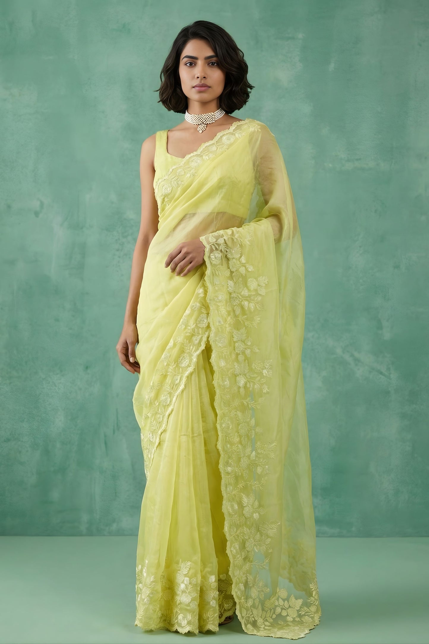 Lemon Yellow Organza Saree White Floral Embroidered Border Designer Blouse