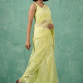 Lemon Yellow Organza Saree White Floral Embroidered Border Designer Blouse