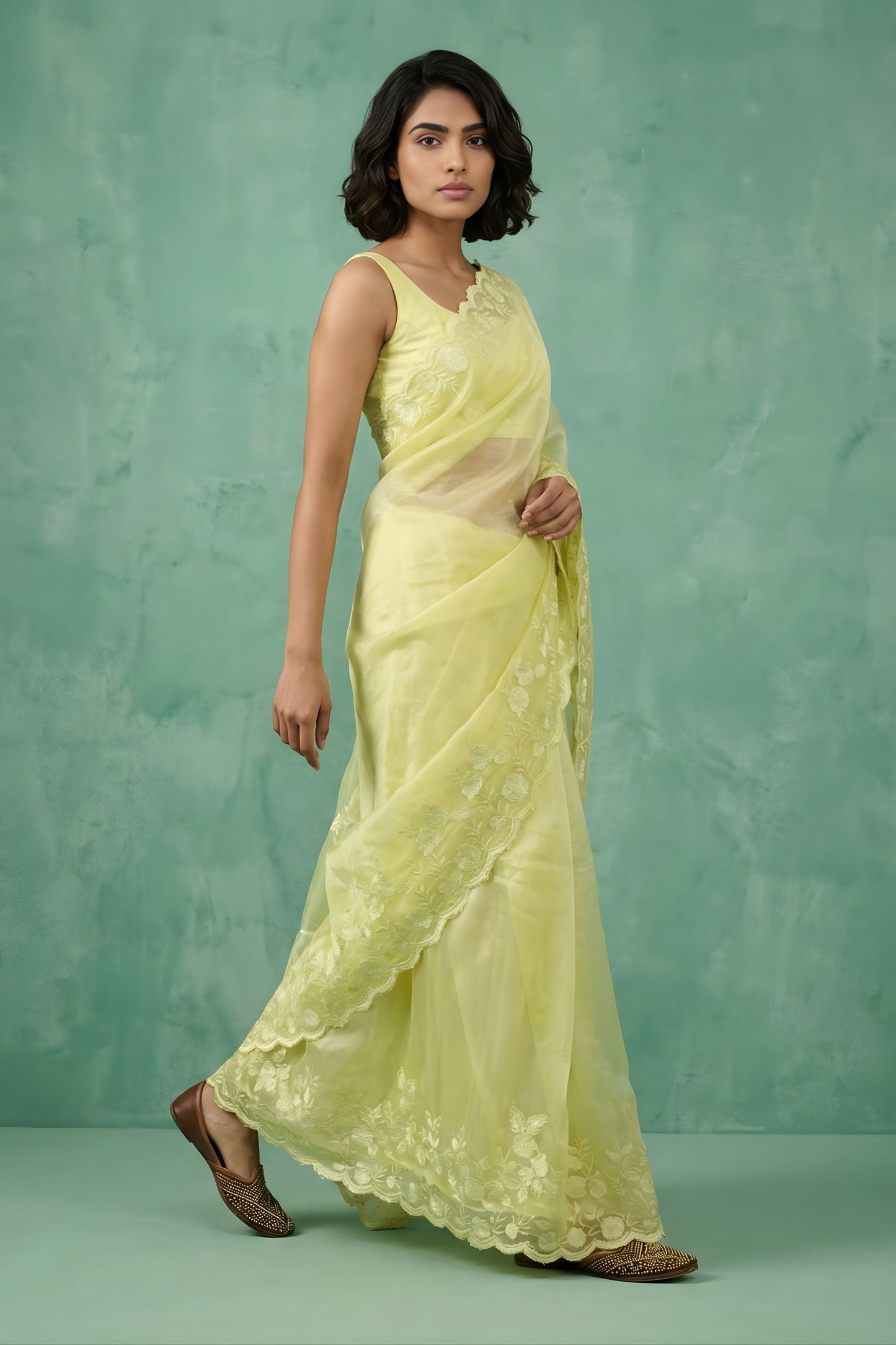 Lemon Yellow Organza Saree White Floral Embroidered Border Designer Blouse