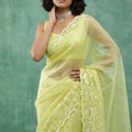 Lemon Yellow Organza Saree White Floral Embroidered Border Designer Blouse