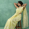 Lemon Yellow Organza Saree White Floral Embroidered Border Designer Blouse