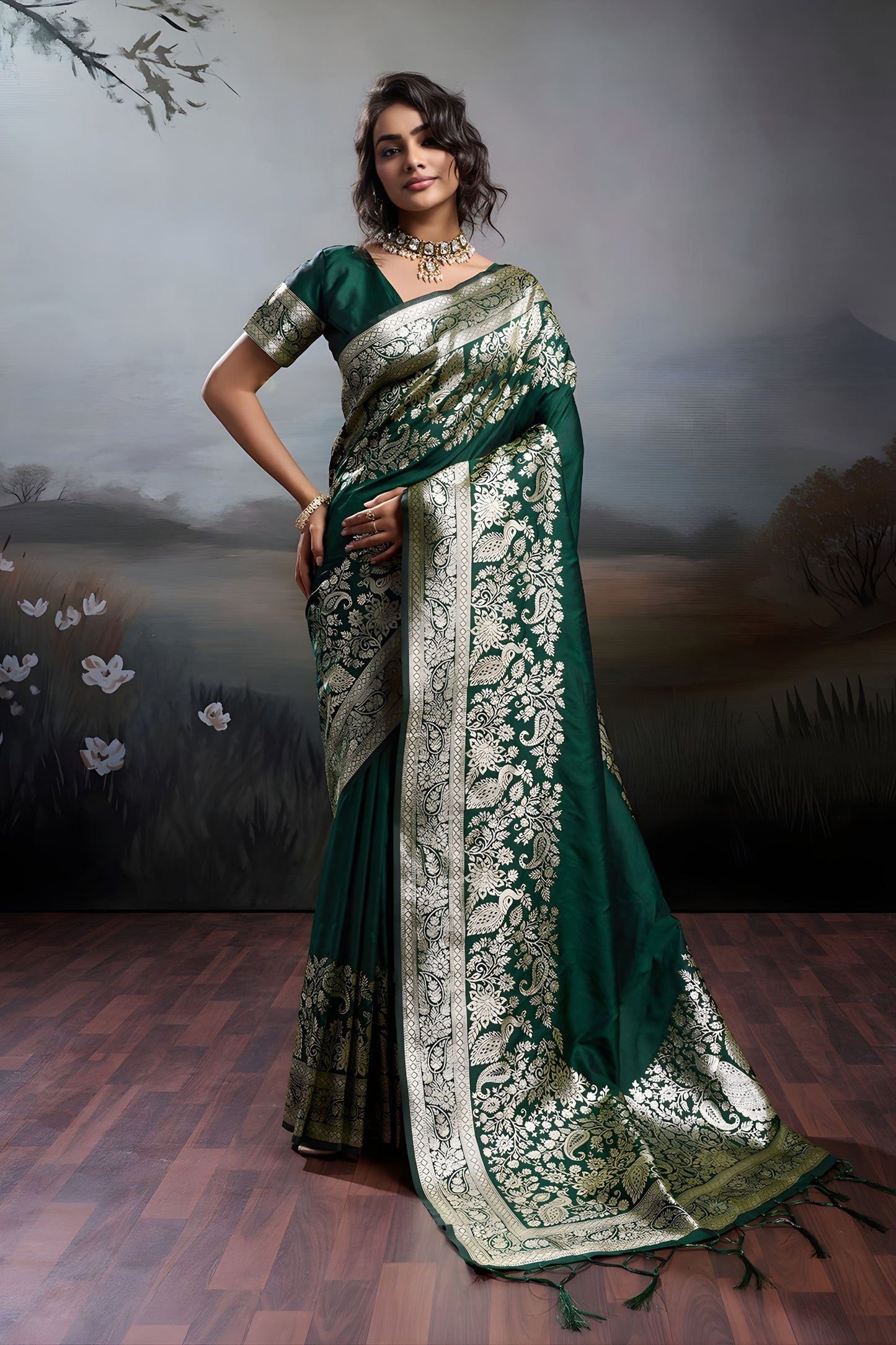 Dark Green Banarasi Silk Saree Rich Zari Woven Border Designer Blouse