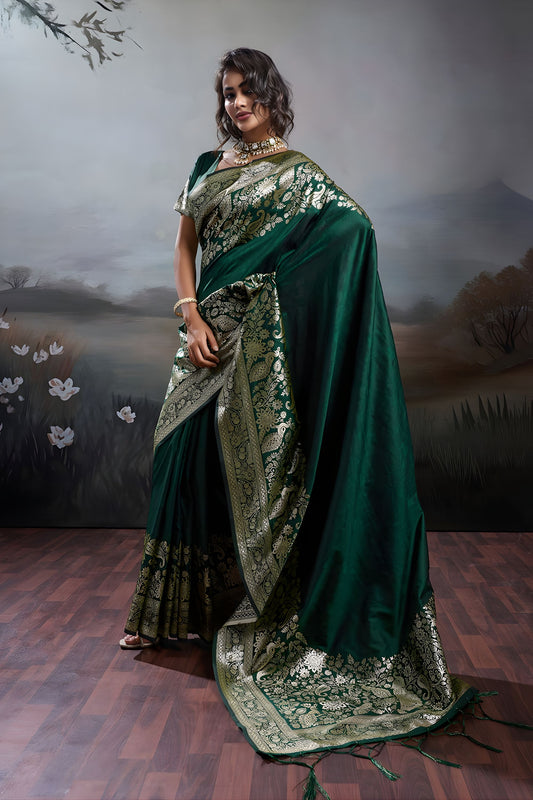 Dark Green Banarasi Silk Saree Rich Zari Woven Border Designer Blouse