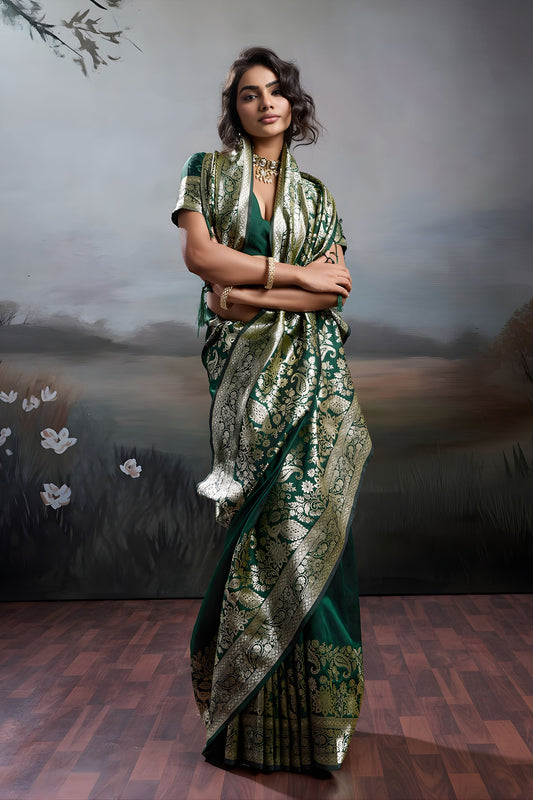 Dark Green Banarasi Silk Saree Rich Zari Woven Border Designer Blouse