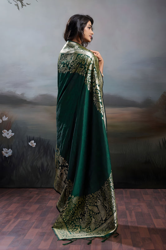 Dark Green Banarasi Silk Saree Rich Zari Woven Border Designer Blouse