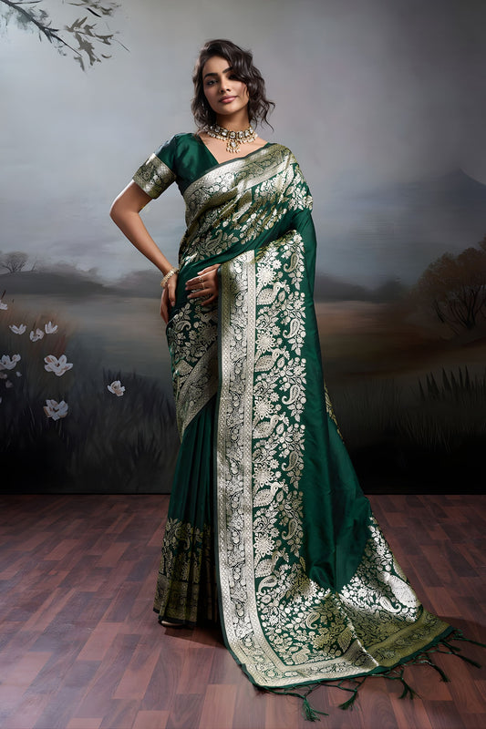 Dark Green Banarasi Silk Saree Rich Zari Woven Border Designer Blouse