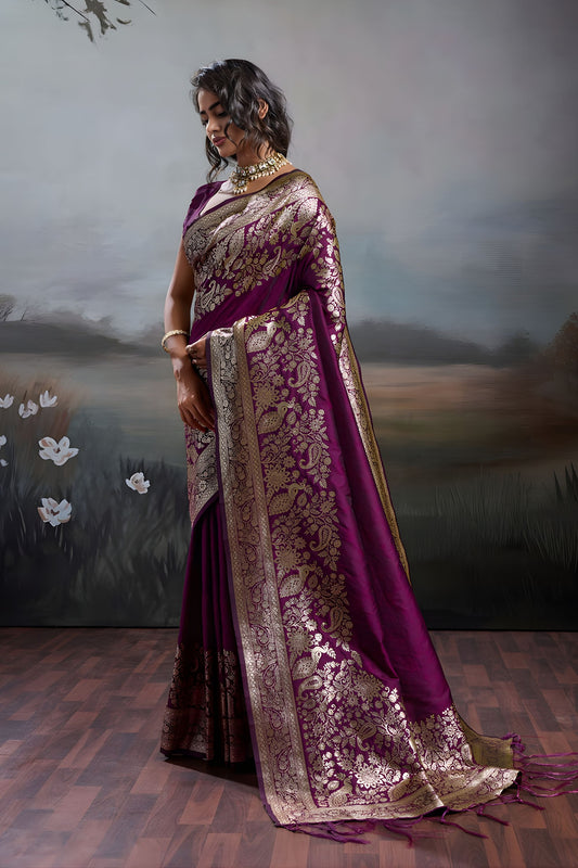 Rani Purple Banarasi Silk Saree Rich Zari Woven Border Designer Blouse