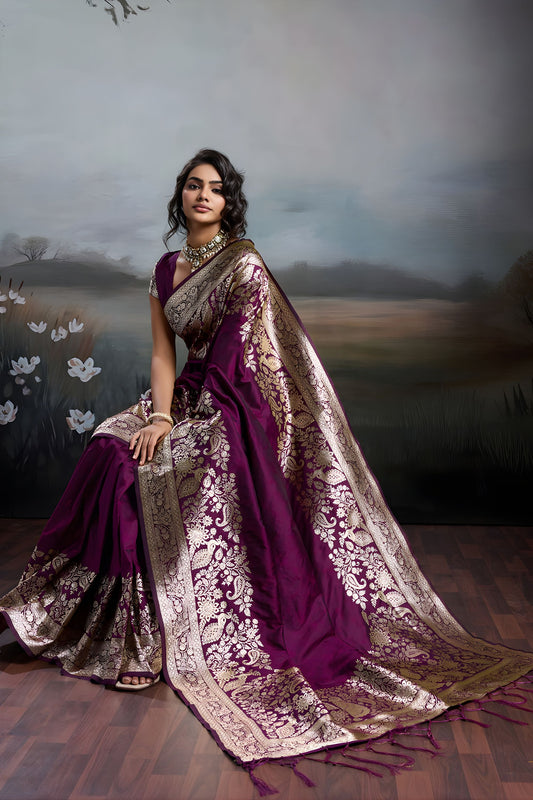 Rani Purple Banarasi Silk Saree Rich Zari Woven Border Designer Blouse
