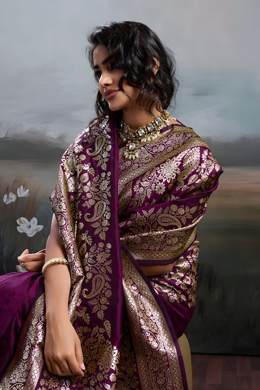 Rani Purple Banarasi Silk Saree Rich Zari Woven Border Designer Blouse