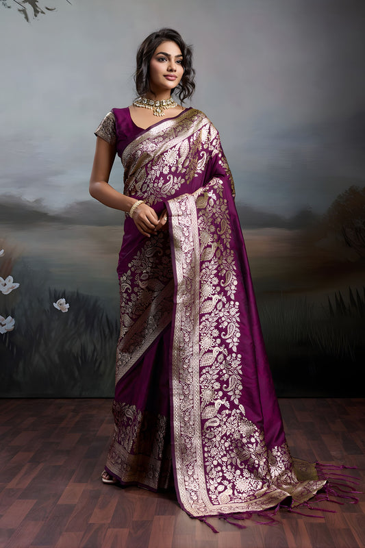 Rani Purple Banarasi Silk Saree Rich Zari Woven Border Designer Blouse