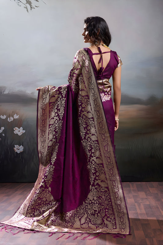 Rani Purple Banarasi Silk Saree Rich Zari Woven Border Designer Blouse
