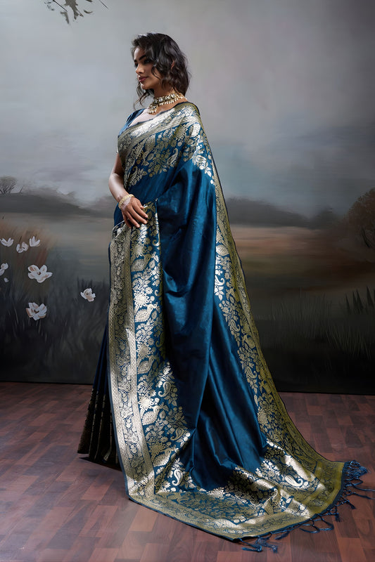 Royal Blue Banarasi Silk Saree Rich Zari Woven Border Designer Blouse