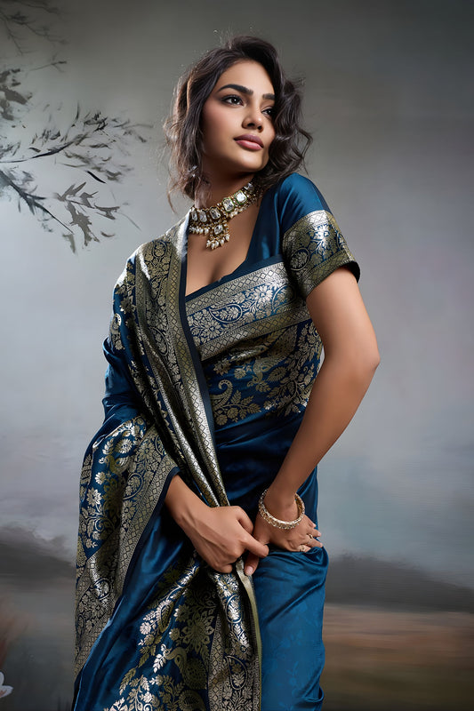 Royal Blue Banarasi Silk Saree Rich Zari Woven Border Designer Blouse