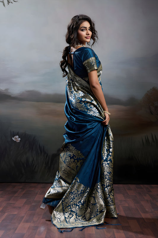 Royal Blue Banarasi Silk Saree Rich Zari Woven Border Designer Blouse