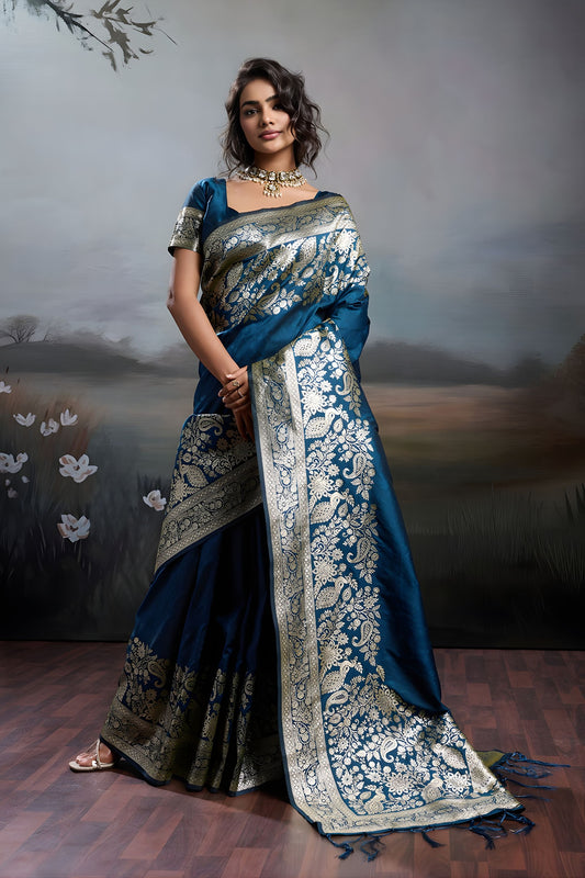 Royal Blue Banarasi Silk Saree Rich Zari Woven Border Designer Blouse