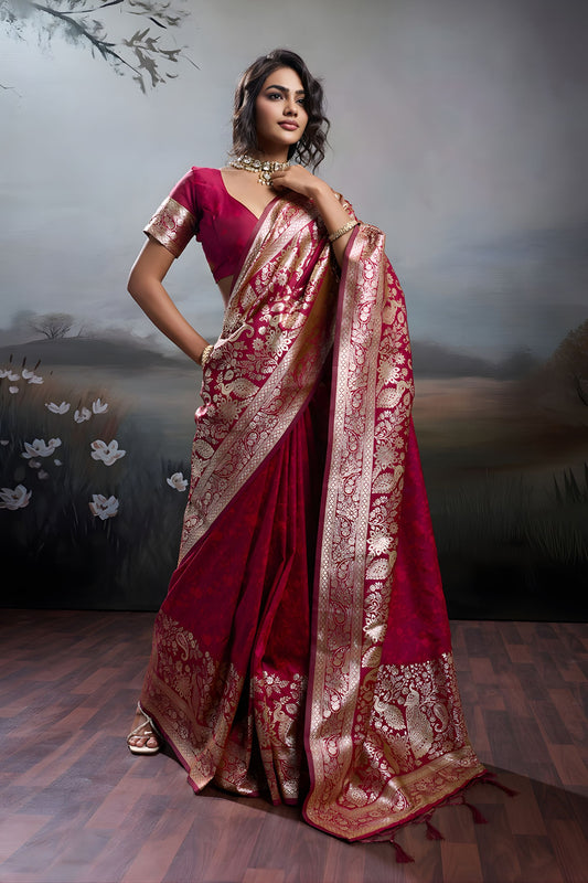 Red Banarasi Silk Saree with Rich Zari Woven Border Designer Blouse