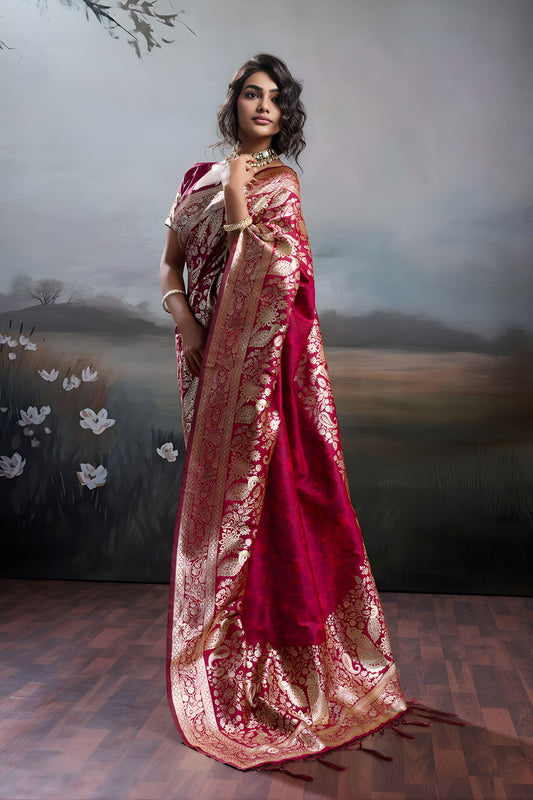 Red Banarasi Silk Saree with Rich Zari Woven Border Designer Blouse
