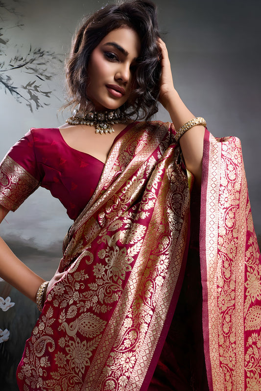 Red Banarasi Silk Saree with Rich Zari Woven Border Designer Blouse