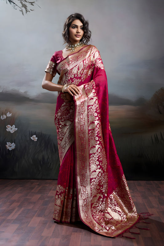 Red Banarasi Silk Saree with Rich Zari Woven Border Designer Blouse
