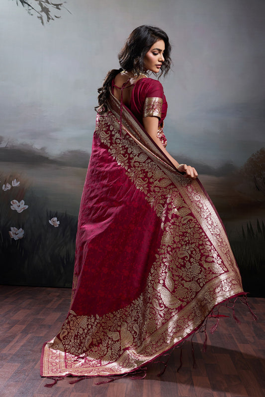 Red Banarasi Silk Saree with Rich Zari Woven Border Designer Blouse