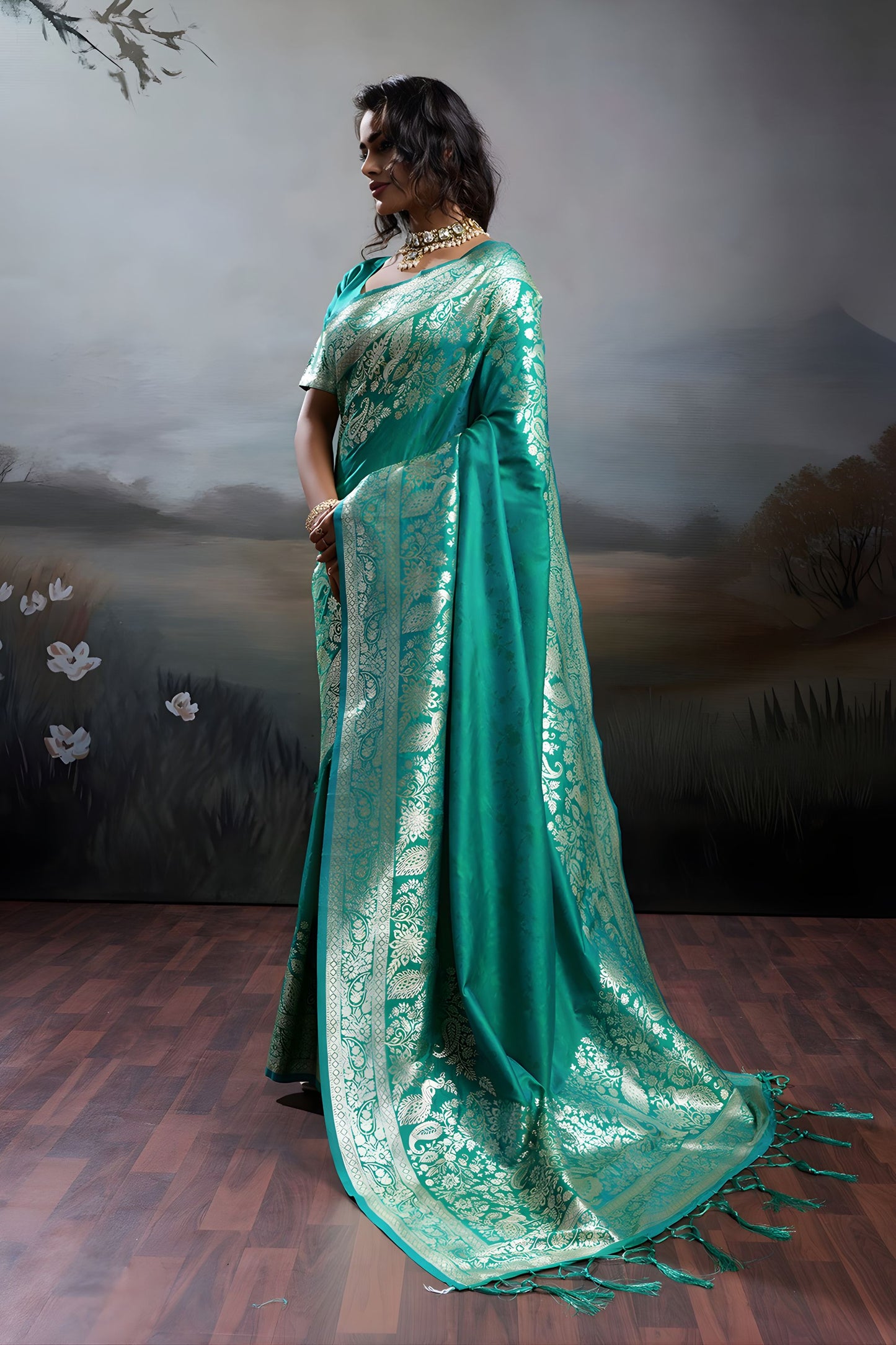 Rama Green Banarasi Silk Saree Rich Zari Woven Border Designer Blouse