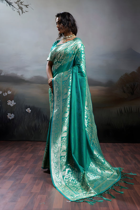 Rama Green Banarasi Silk Saree Rich Zari Woven Border Designer Blouse