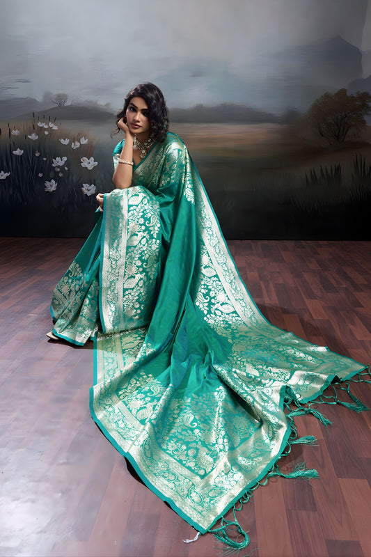 Rama Green Banarasi Silk Saree Rich Zari Woven Border Designer Blouse
