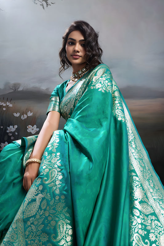 Rama Green Banarasi Silk Saree Rich Zari Woven Border Designer Blouse