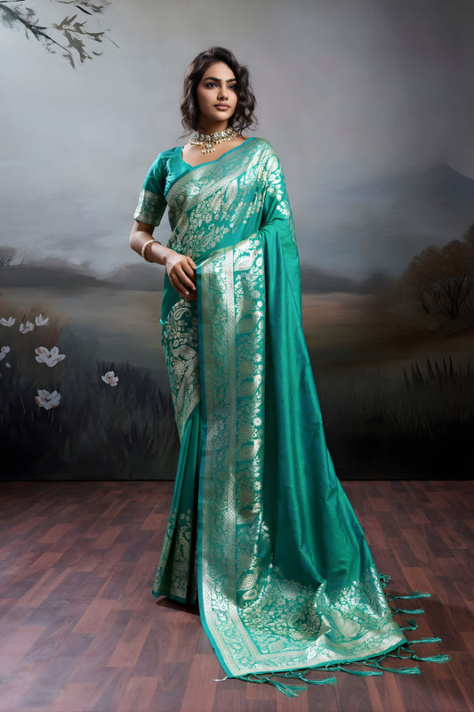 Rama Green Banarasi Silk Saree Rich Zari Woven Border Designer Blouse