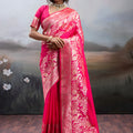 Rani Pink Banarasi Silk Saree Rich Zari Woven Border Designer Blouse