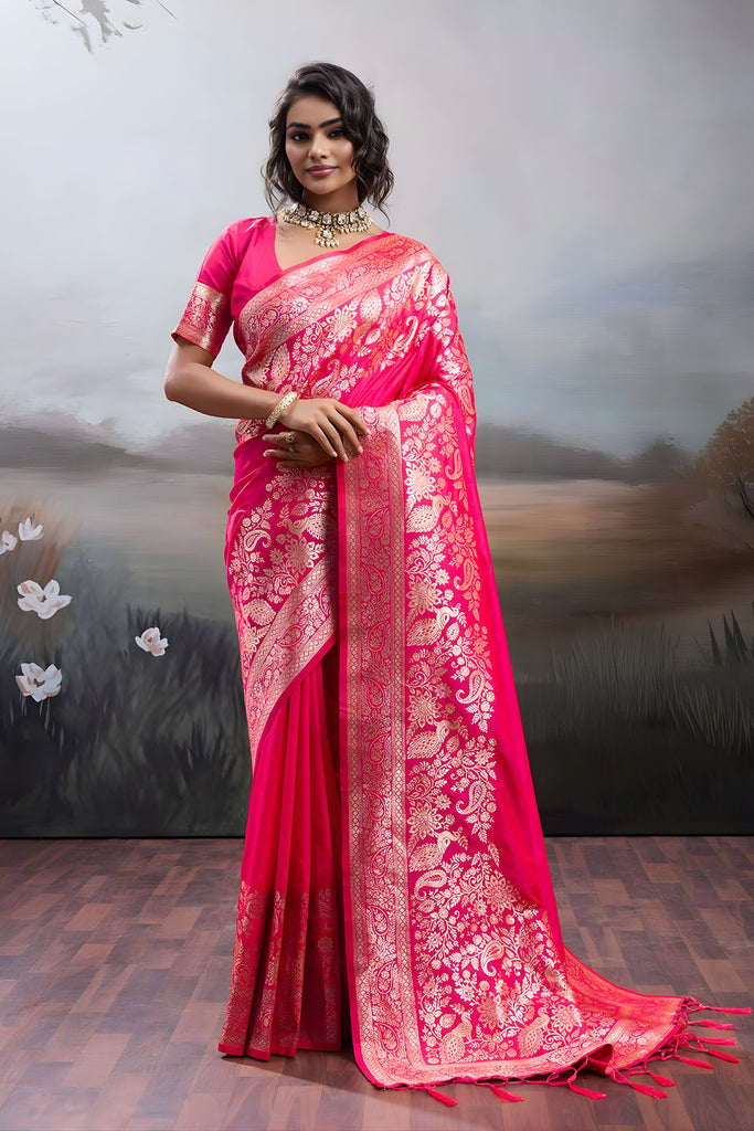 Rani Pink Banarasi Silk Saree Rich Zari Woven Border Designer Blouse