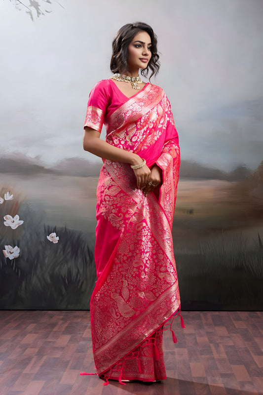 Rani Pink Banarasi Silk Saree Rich Zari Woven Border Designer Blouse