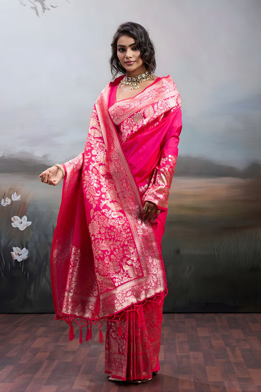 Rani Pink Banarasi Silk Saree Rich Zari Woven Border Designer Blouse